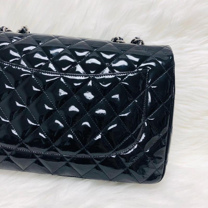 Single Flap Jumbo Quilted Patent Bag in Black with SHW