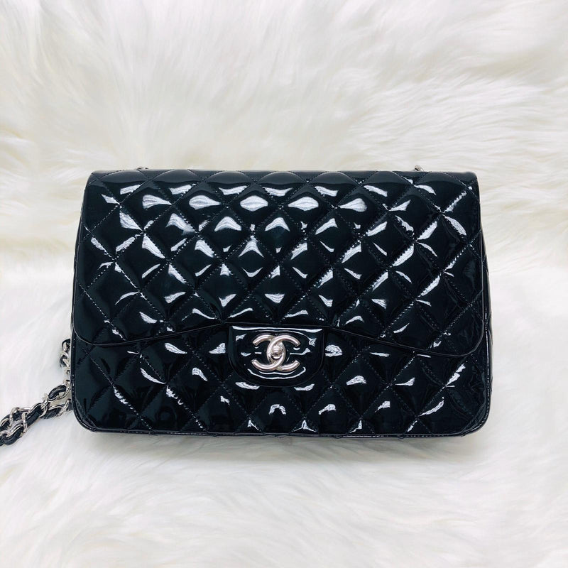 Single Flap Jumbo Quilted Patent Bag in Black with SHW