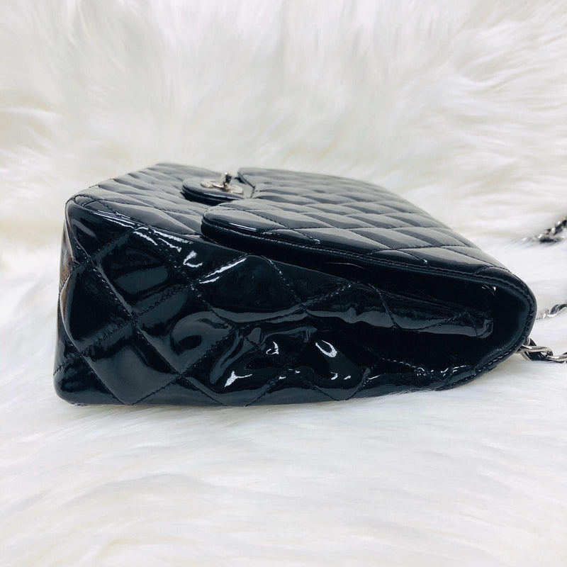 Single Flap Jumbo Quilted Patent Bag in Black with SHW