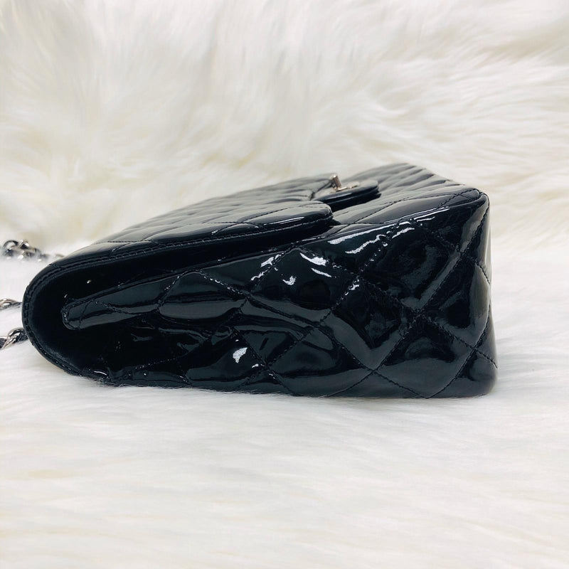 Single Flap Jumbo Quilted Patent Bag in Black with SHW