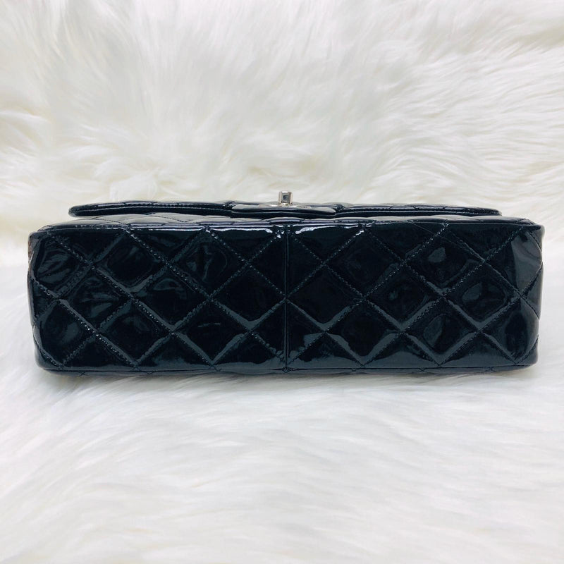 Single Flap Jumbo Quilted Patent Bag in Black with SHW