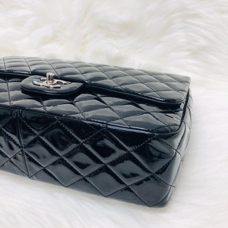 Single Flap Jumbo Quilted Patent Bag in Black with SHW