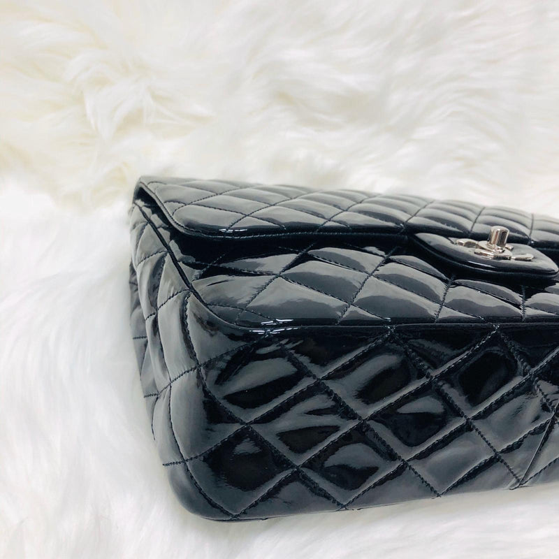 Single Flap Jumbo Quilted Patent Bag in Black with SHW