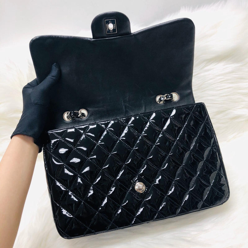 Single Flap Jumbo Quilted Patent Bag in Black with SHW