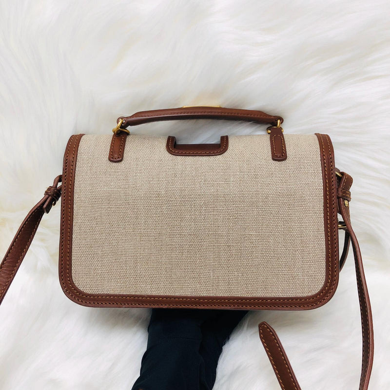 Charlotte Leather-Trimmed Brown Canvas Messenger Bag