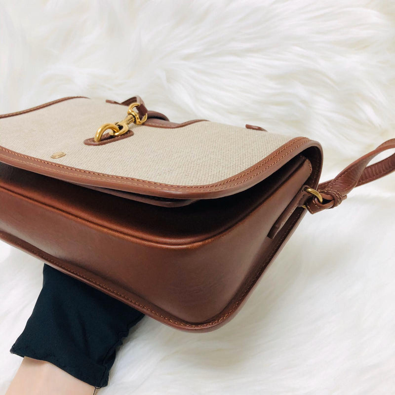 Charlotte Leather-Trimmed Brown Canvas Messenger Bag