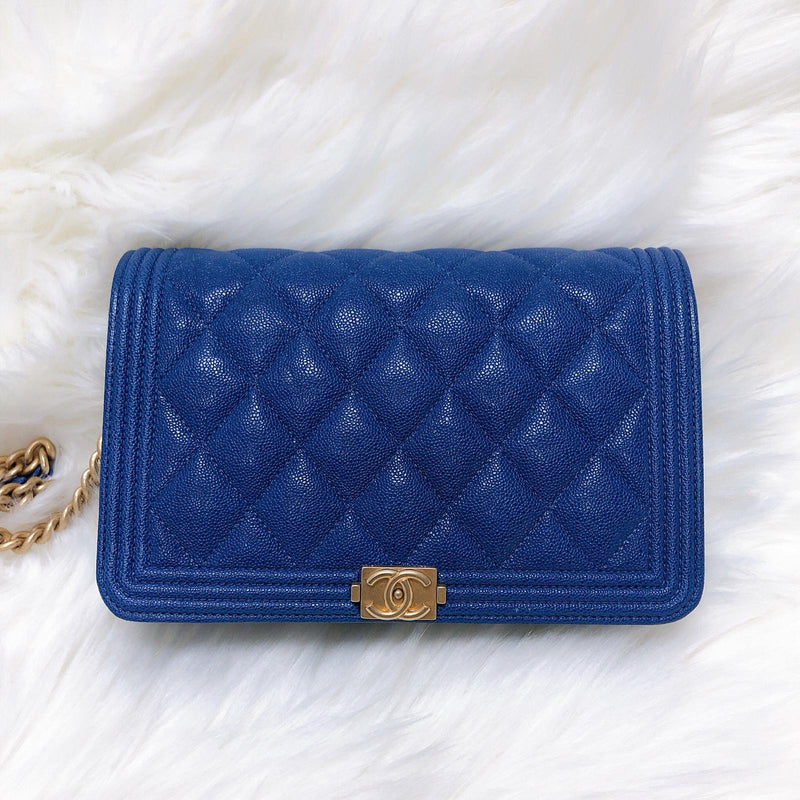 Le Boy Flap Caviar Quilted Wallet on Chain in Blue