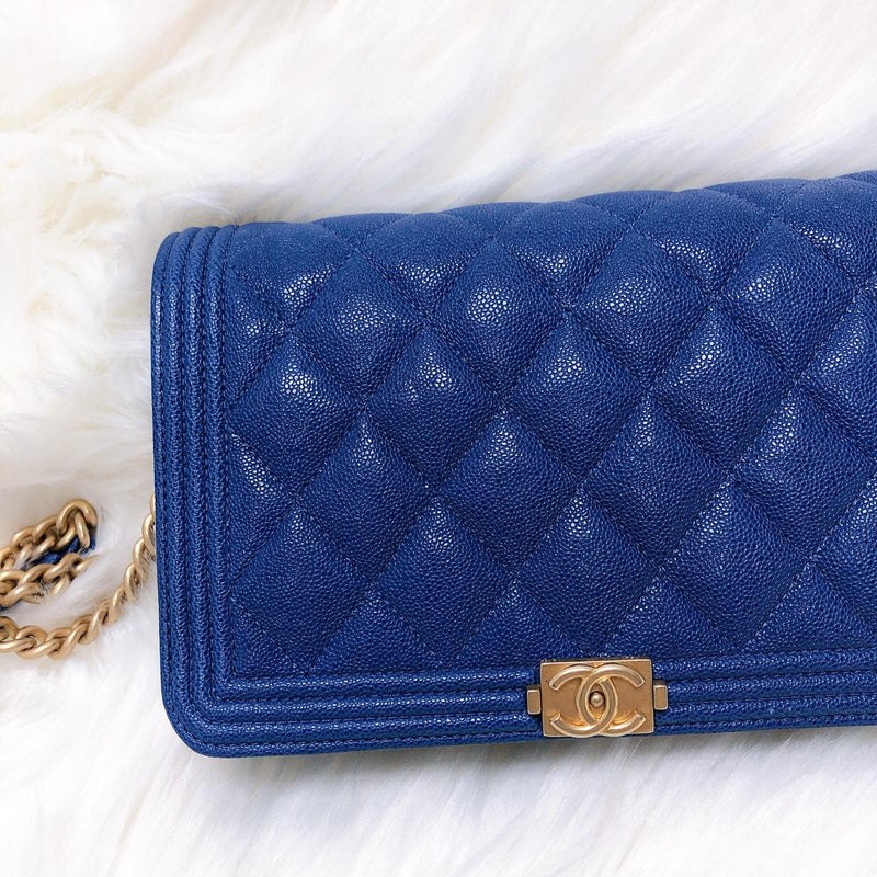 Le Boy Flap Caviar Quilted Wallet on Chain in Blue