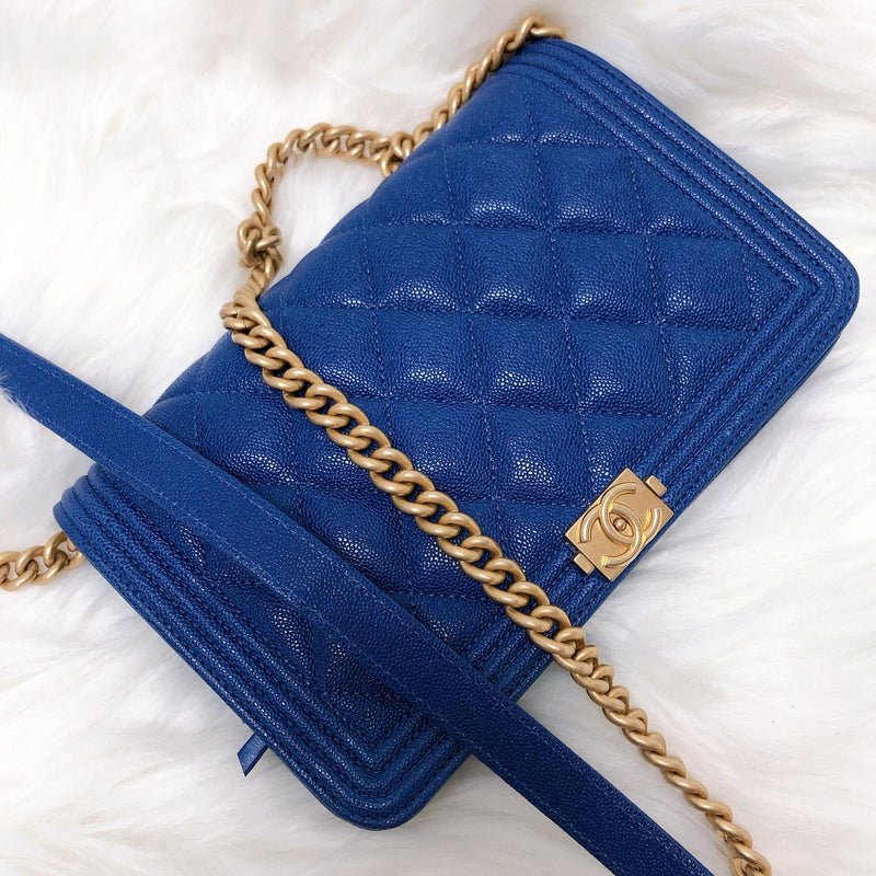 Le Boy Flap Caviar Quilted Wallet on Chain in Blue