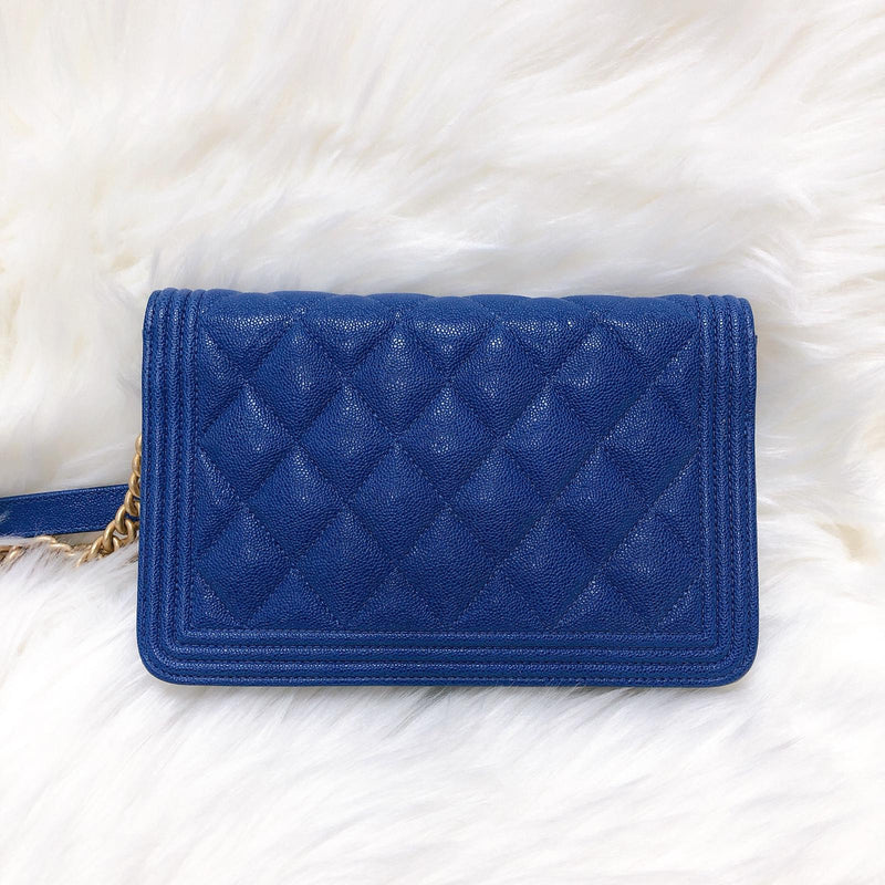 Le Boy Flap Caviar Quilted Wallet on Chain in Blue