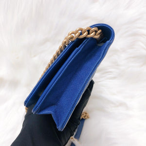 Le Boy Flap Caviar Quilted Wallet on Chain in Blue
