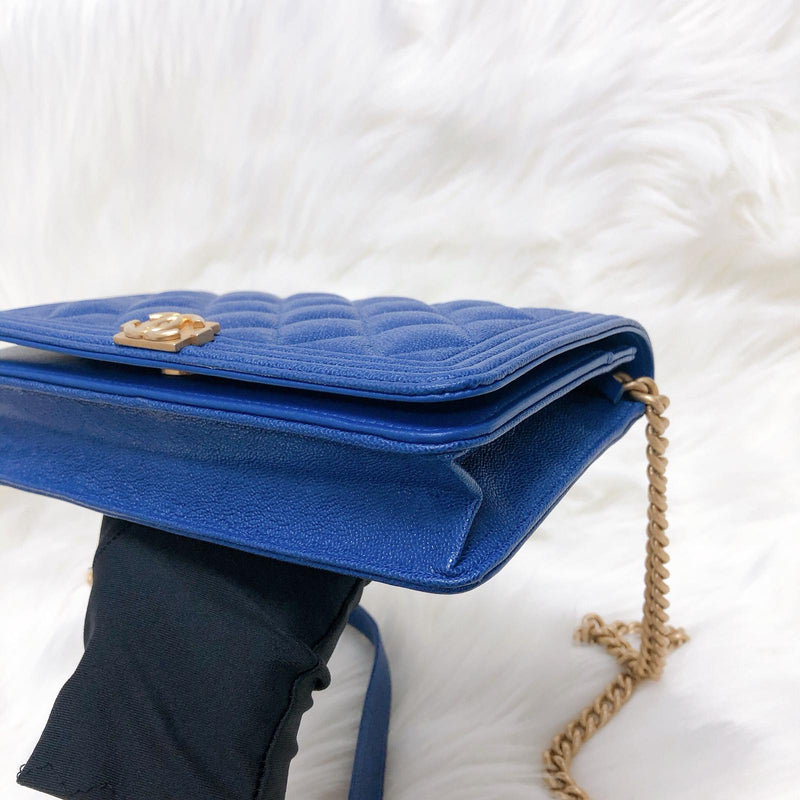 Le Boy Flap Caviar Quilted Wallet on Chain in Blue