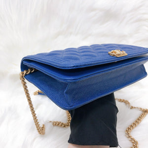 Le Boy Flap Caviar Quilted Wallet on Chain in Blue
