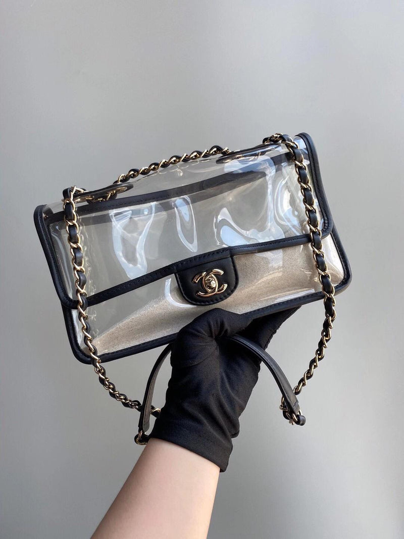 Classic Coco "Sand by the Sea" Runway Flap Bag in Black and PVC