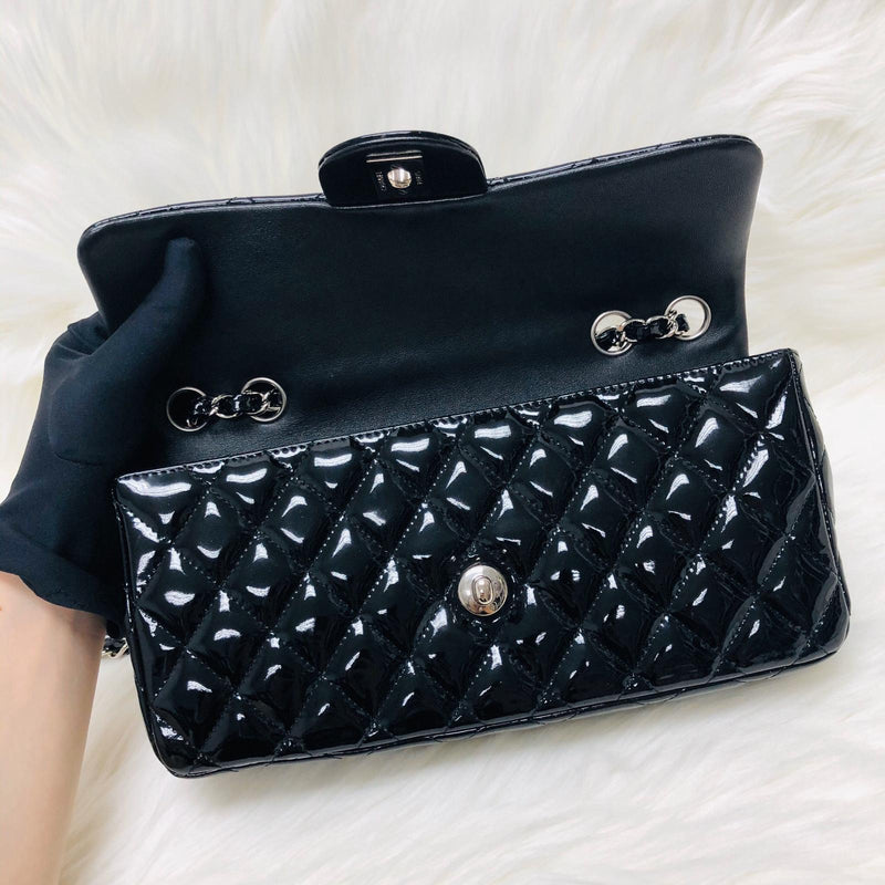 East West Flap Bag in Black Patent Leather with SHW