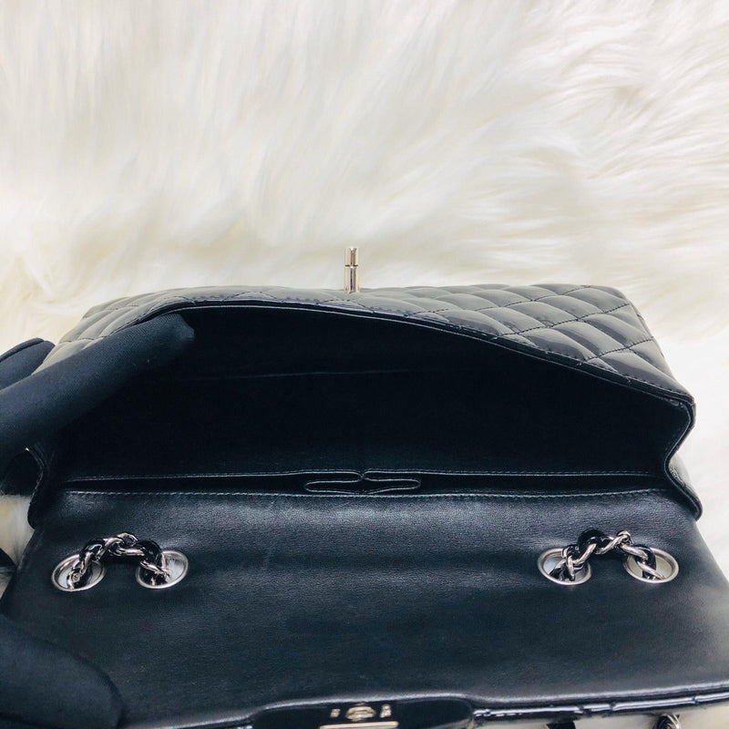 East West Flap Bag in Black Patent Leather with SHW