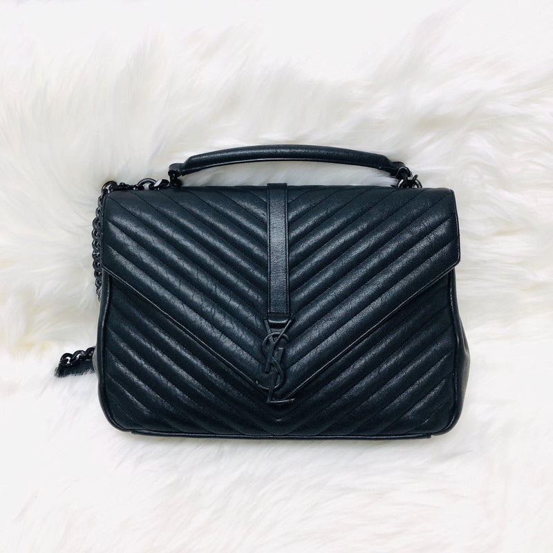 College Large Matelasse Chevron Leather Satchel Bag in Black