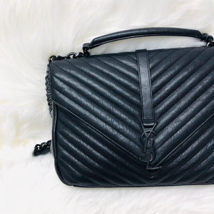 College Large Matelasse Chevron Leather Satchel Bag in Black