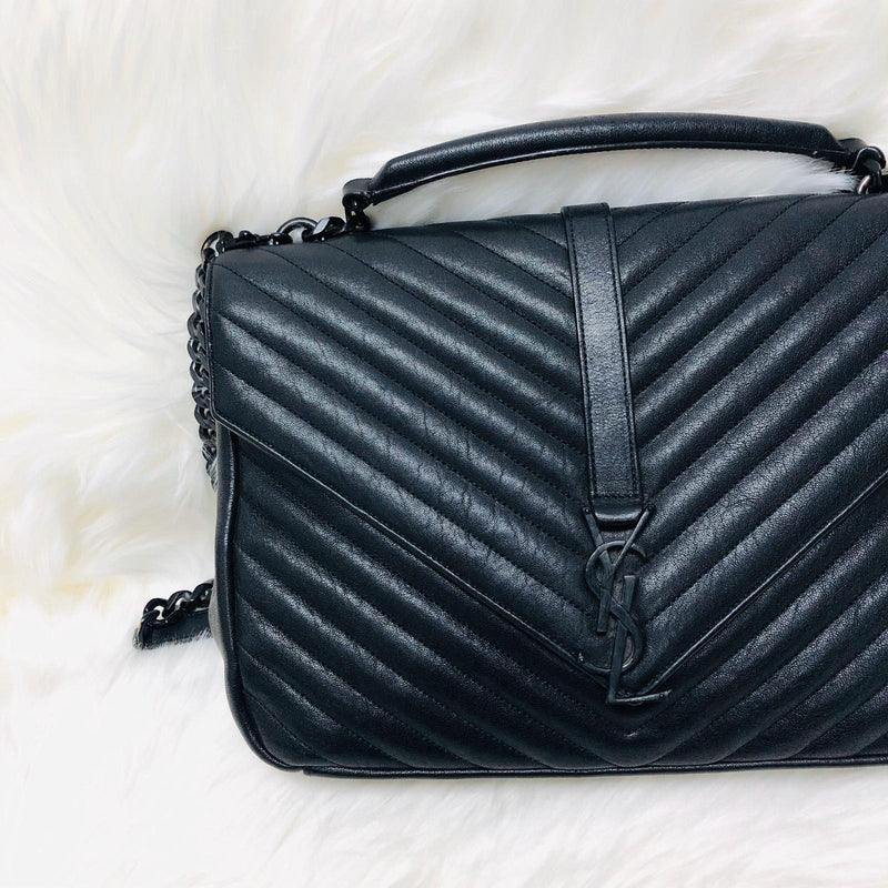 College Large Matelasse Chevron Leather Satchel Bag in Black