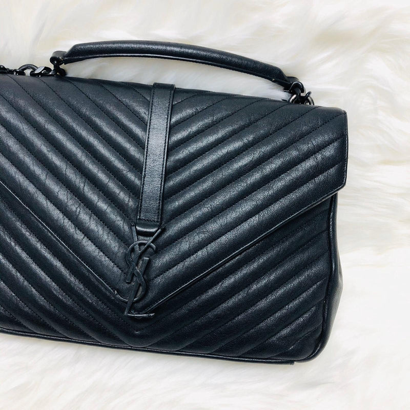 College Large Matelasse Chevron Leather Satchel Bag in Black