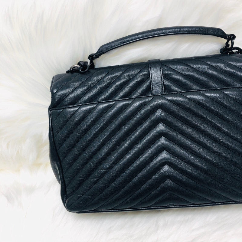 College Large Matelasse Chevron Leather Satchel Bag in Black