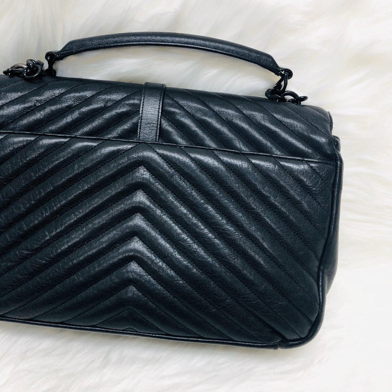 College Large Matelasse Chevron Leather Satchel Bag in Black