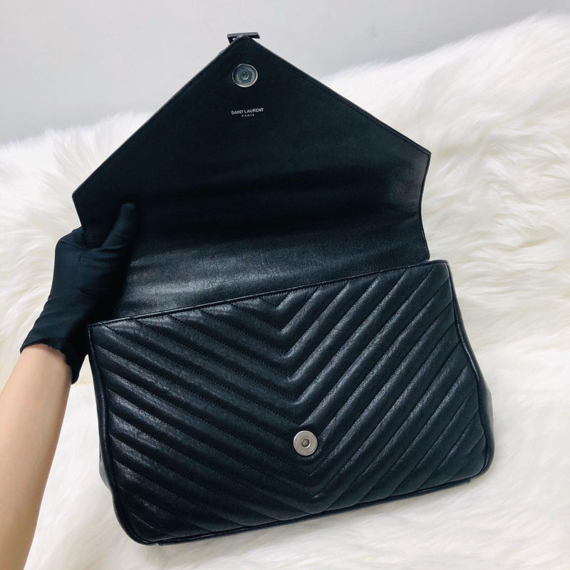 College Large Matelasse Chevron Leather Satchel Bag in Black