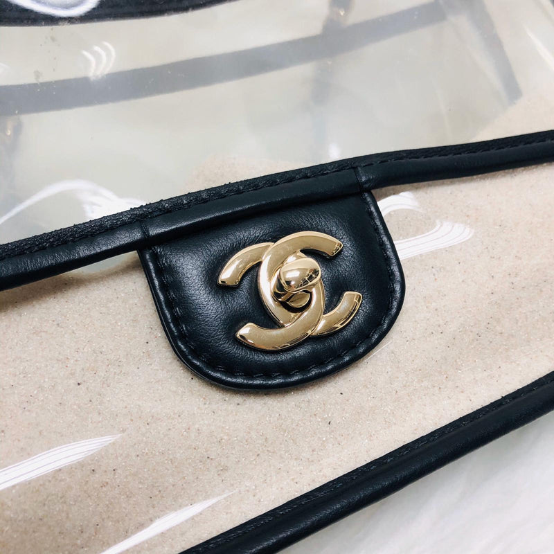 Classic Coco "Sand by the Sea" Runway Flap Bag in Black and PVC