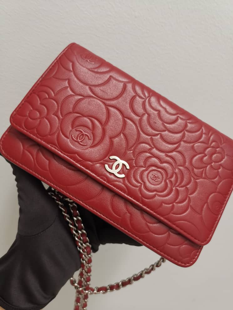 Camellia Embossed WOC Clutch Chain Bag in Red Lambskin with SHW