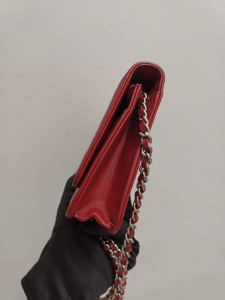 Camellia Embossed WOC Clutch Chain Bag in Red Lambskin with SHW