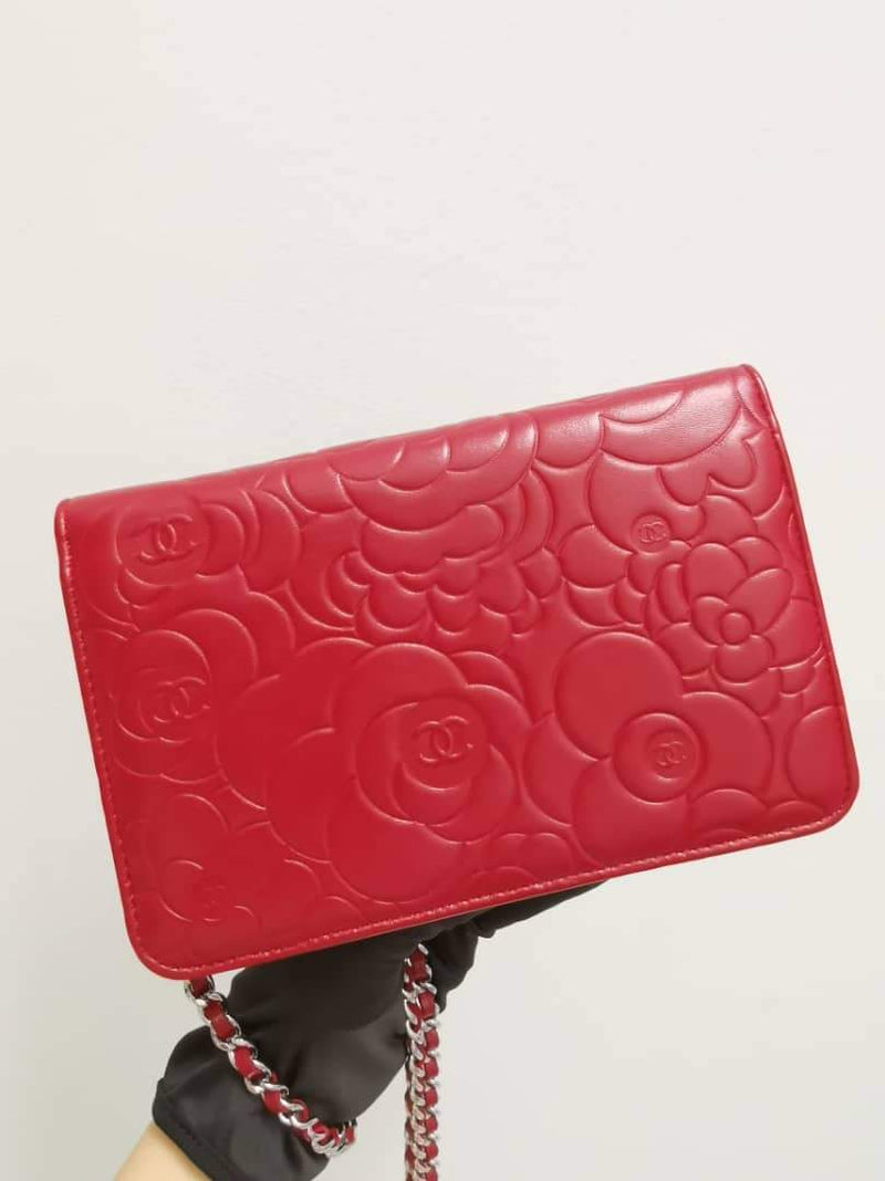 Camellia Embossed WOC Clutch Chain Bag in Red Lambskin with SHW