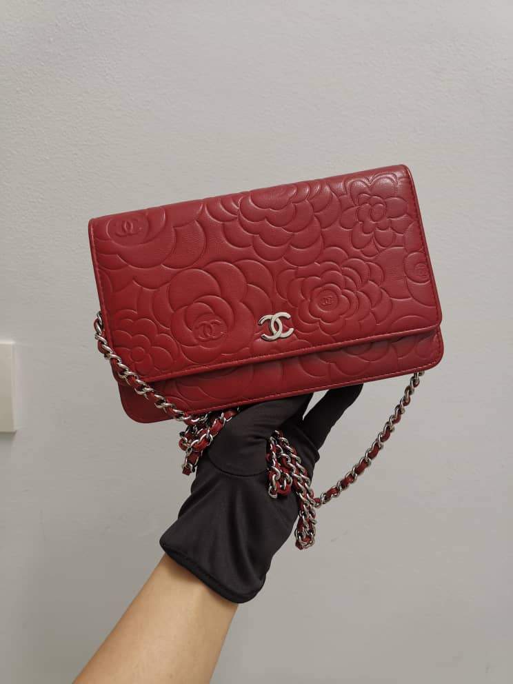 Camellia Embossed WOC Clutch Chain Bag in Red Lambskin with SHW