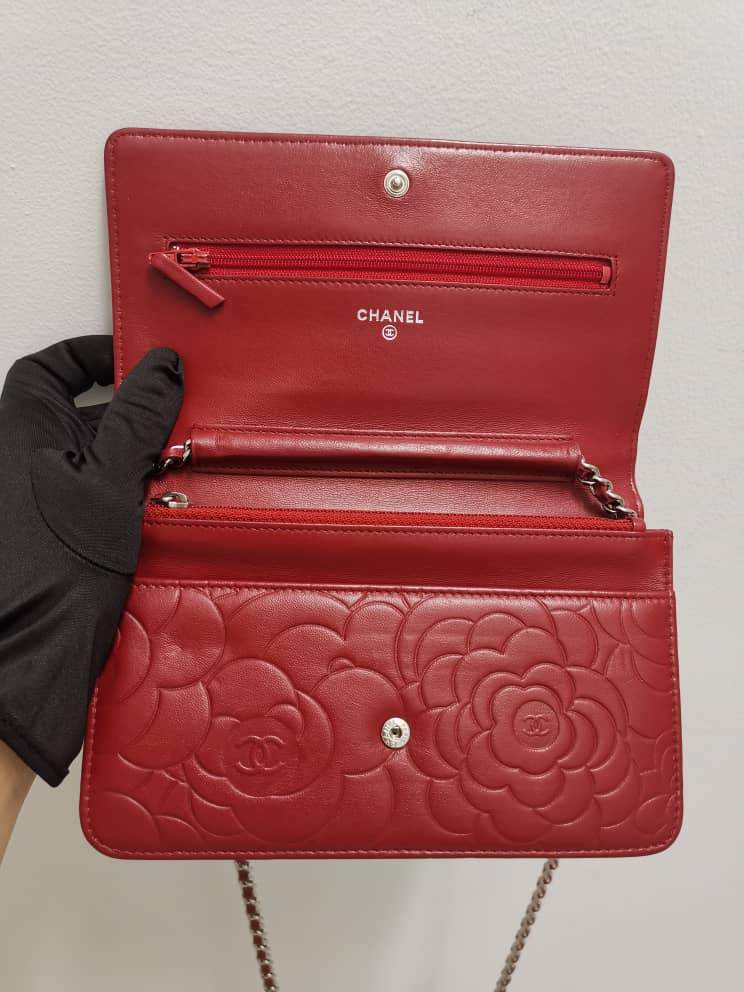 Camellia Embossed WOC Clutch Chain Bag in Red Lambskin with SHW