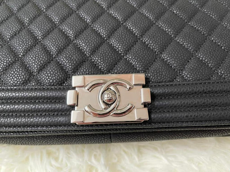 Large Black Le Boy Quilted Caviar Leather