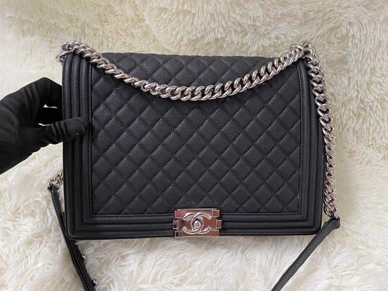 Large Black Le Boy Quilted Caviar Leather