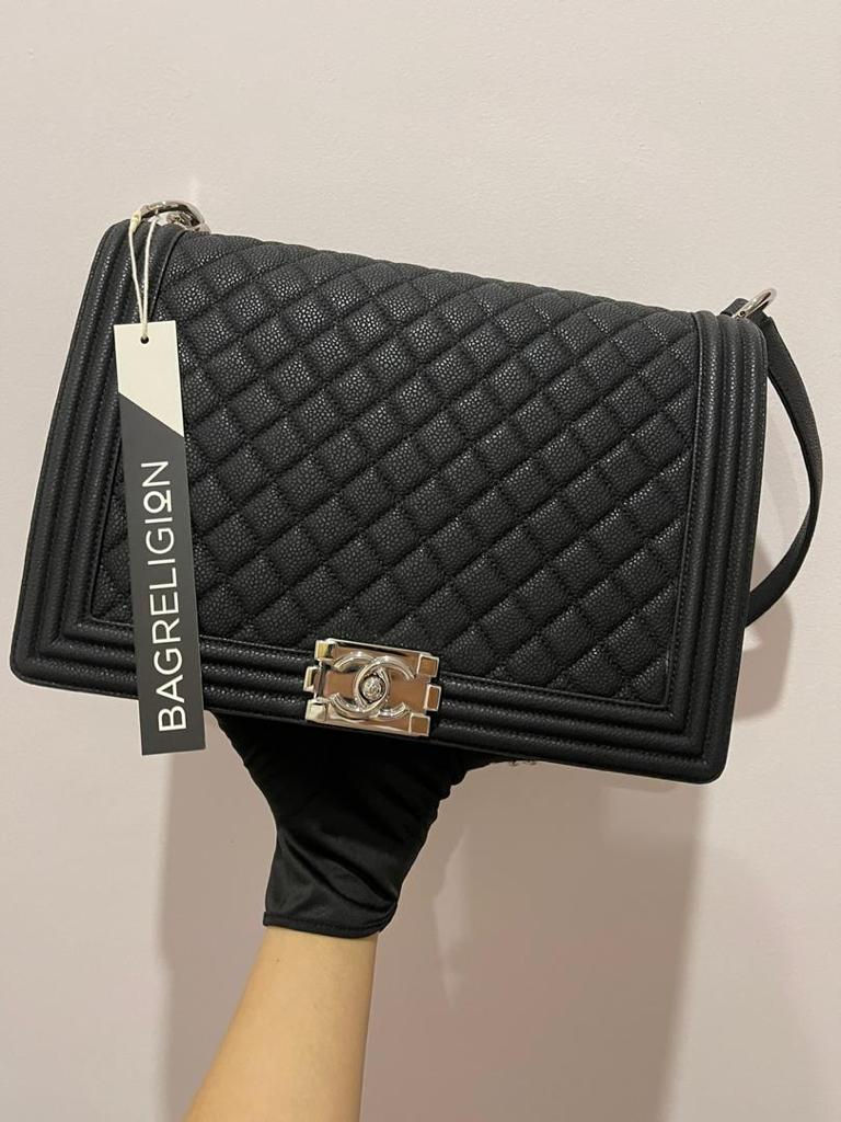 Large Black Le Boy Quilted Caviar Leather