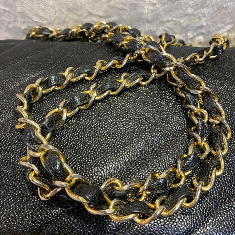 Vintage Covered CC Flap Diagonal Quilted Caviar Jumbo