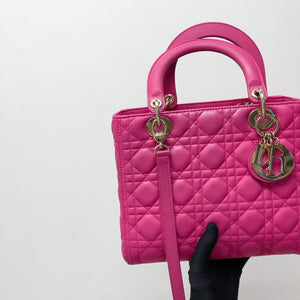 Cannage Lambskin Lady Dior Medium Bag in Fuschia Pink with GHW