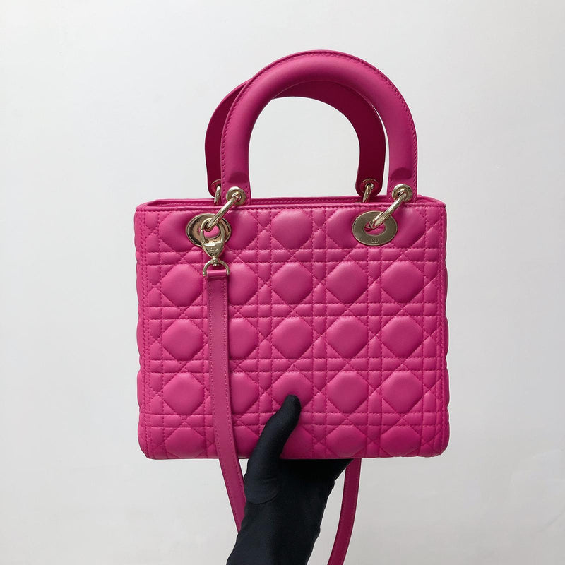 Cannage Lambskin Lady Dior Medium Bag in Fuschia Pink with GHW