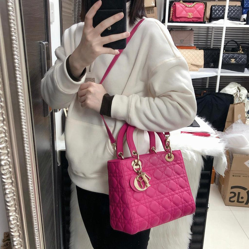 Cannage Lambskin Lady Dior Medium Bag in Fuschia Pink with GHW