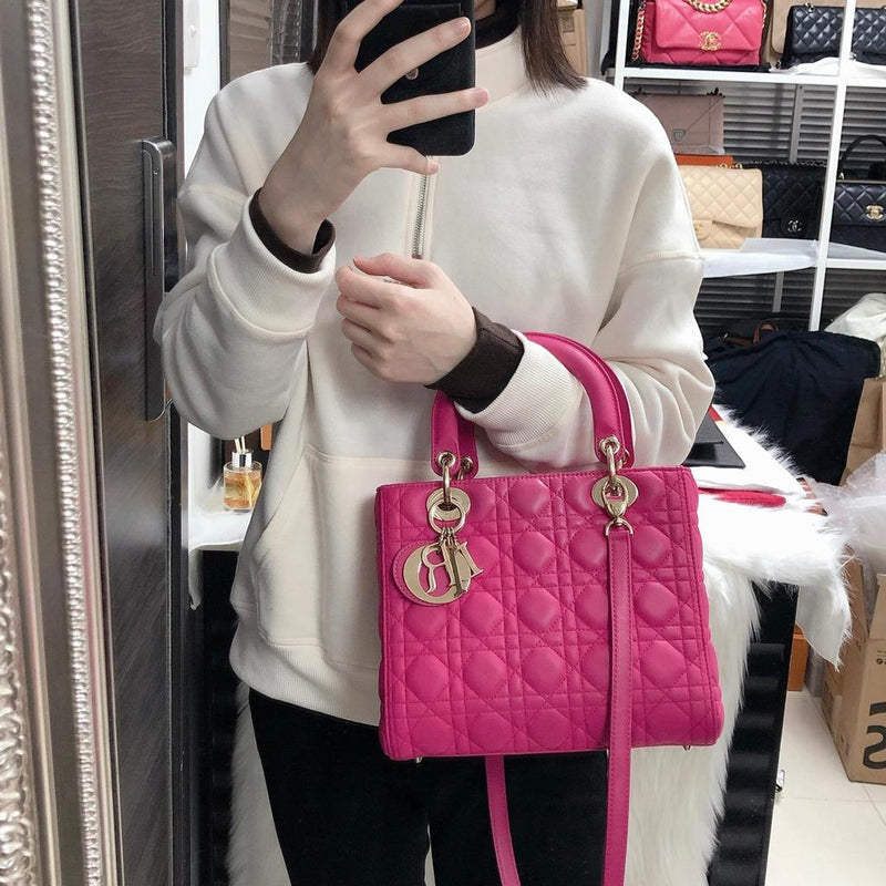 Cannage Lambskin Lady Dior Medium Bag in Fuschia Pink with GHW