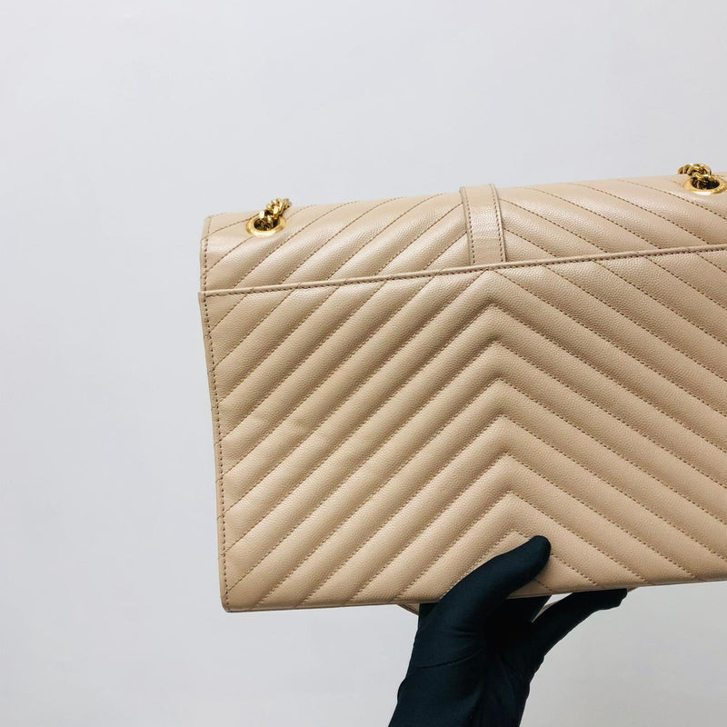 Envelope Large Flap Chevron Quilted Beige GHW