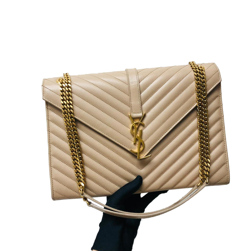 Envelope Large Flap Chevron Quilted Beige GHW