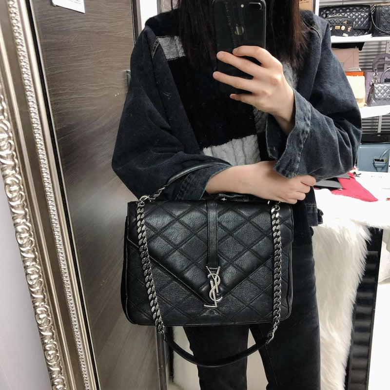 Black Saint Laurent Monogram Long Wallet, Saint Laurent Gray Matelasse  Sheepskin Large College Bag