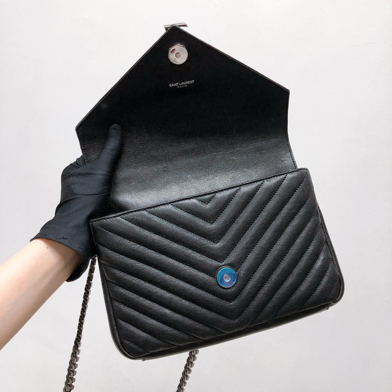 Medium Chevron College Leather Bag Black