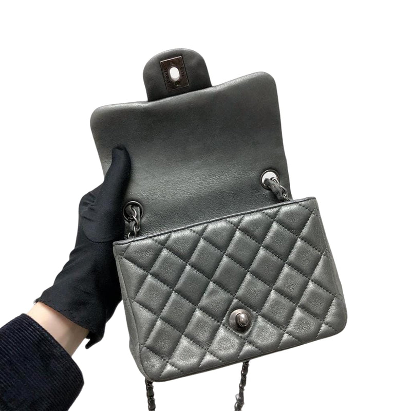 Square Mini Flap Leather Bag Silver