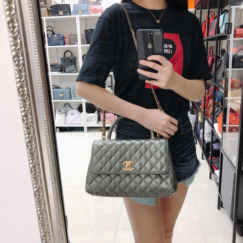 Chanel top handle mini rectangular bag black caviar