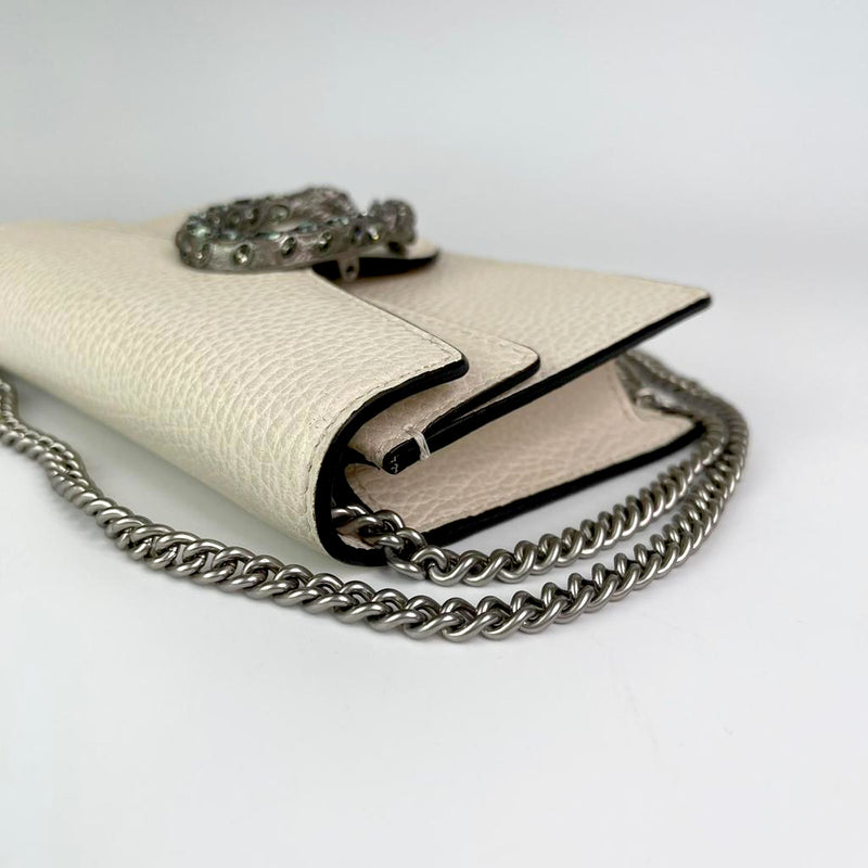 GUCCI: Dionysus super mini leather bag with rhinestone buckle - White