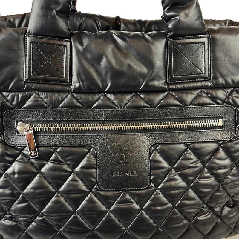 CHANEL Coco Cocoon MM Nylon Tote Bag Handbag Leather Black Large