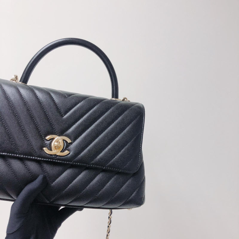 CHANEL Caviar Chevron Quilted Small Coco Handle Flap So Black 261978